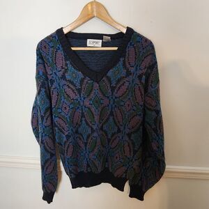 Vintage 90s CC Sport Sweater Sz Medium Mens Blue Geometric Vneck Casual Grandpa